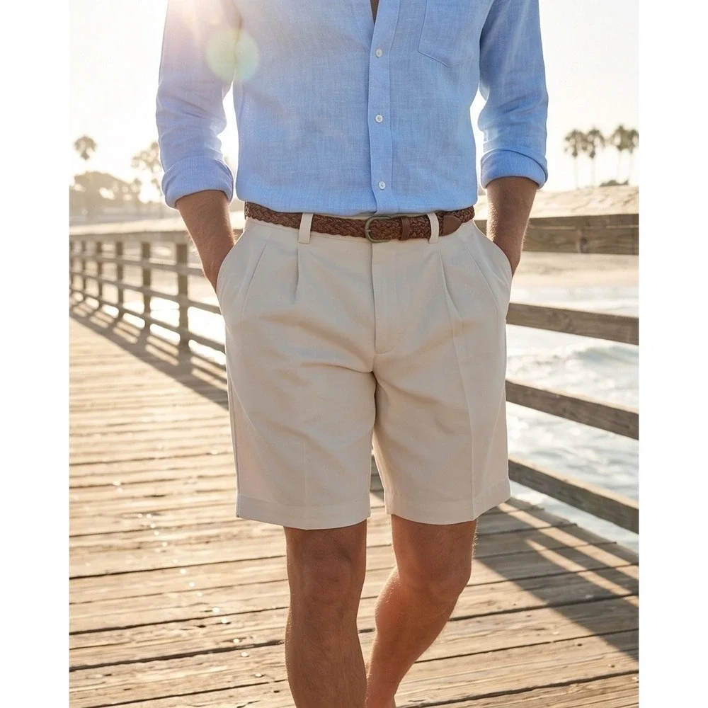 Tommy‎ Bahama Relax Mens 36 Pleated 100% Silk Shorts Cream Khaki Casual Tropical